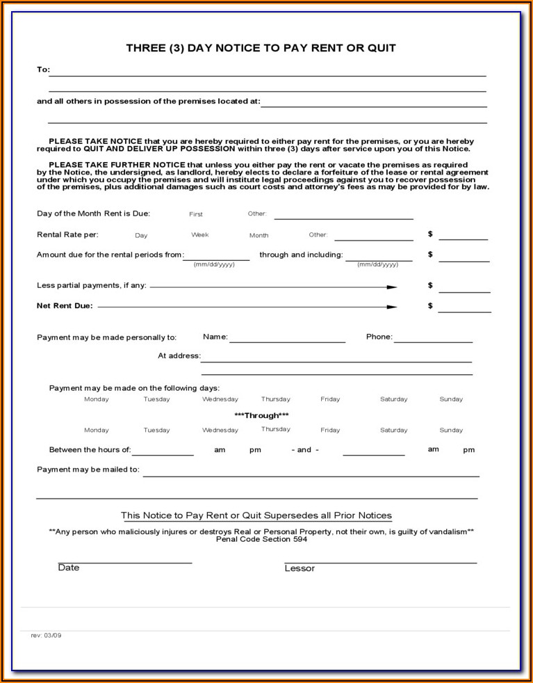 California 3 Day Notice To Pay Or Quit Form Pdf