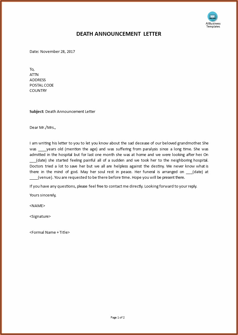Death Of Employee Announcement Sample Letter