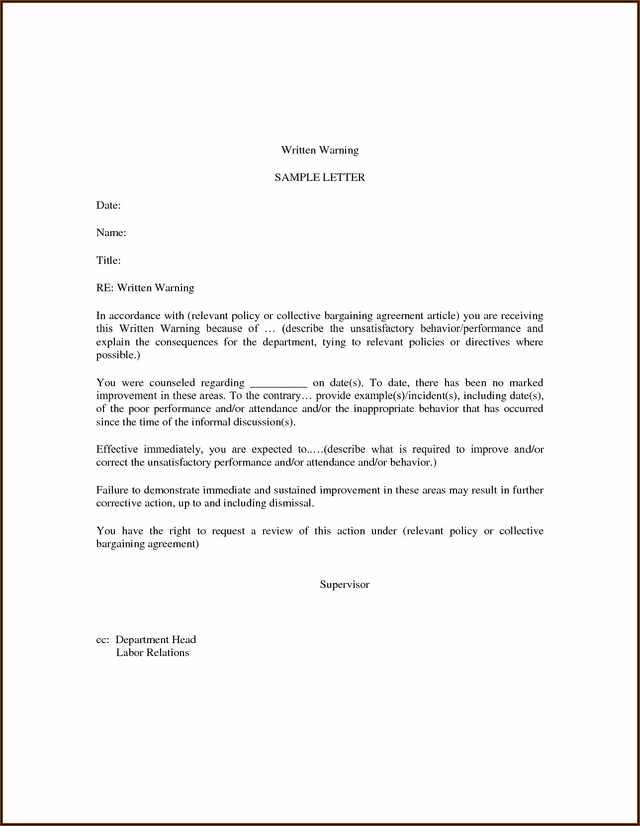 Disciplinary Letter Template For Absence