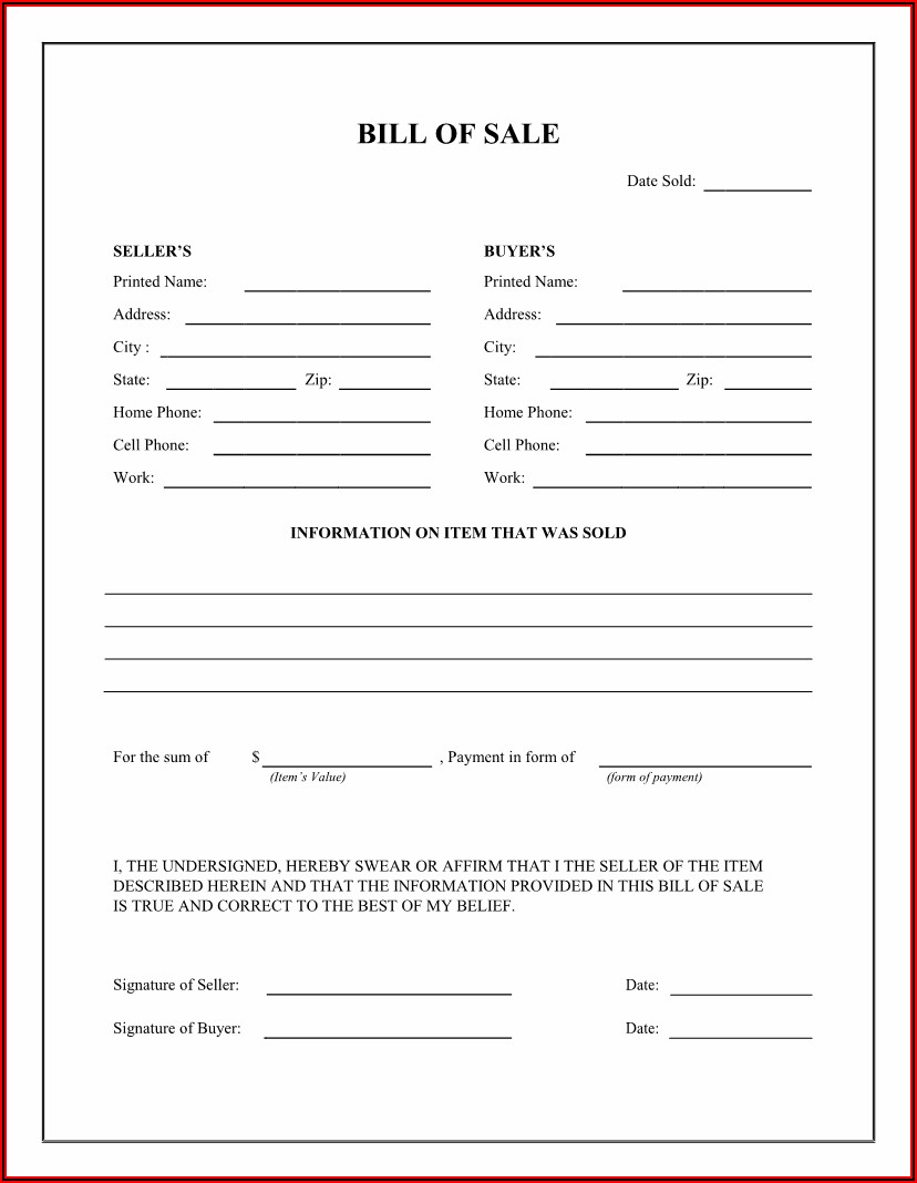 Download Bill Of Sale Form Free