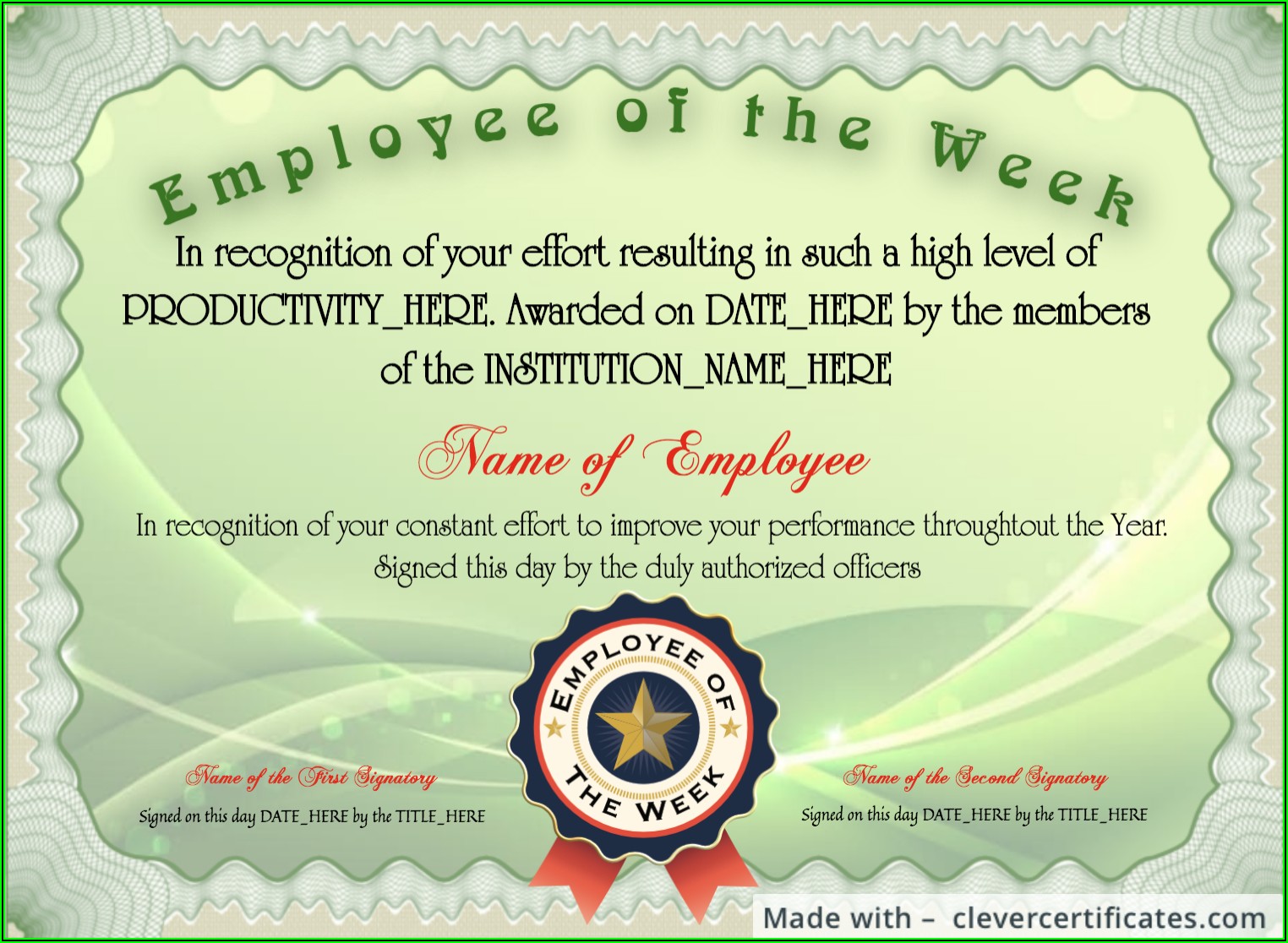 Employee Of The Week Certificate Template Free