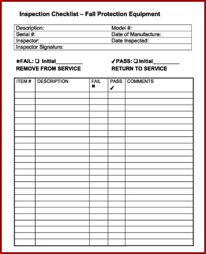 Fall Arrest Equipment Inspection Form