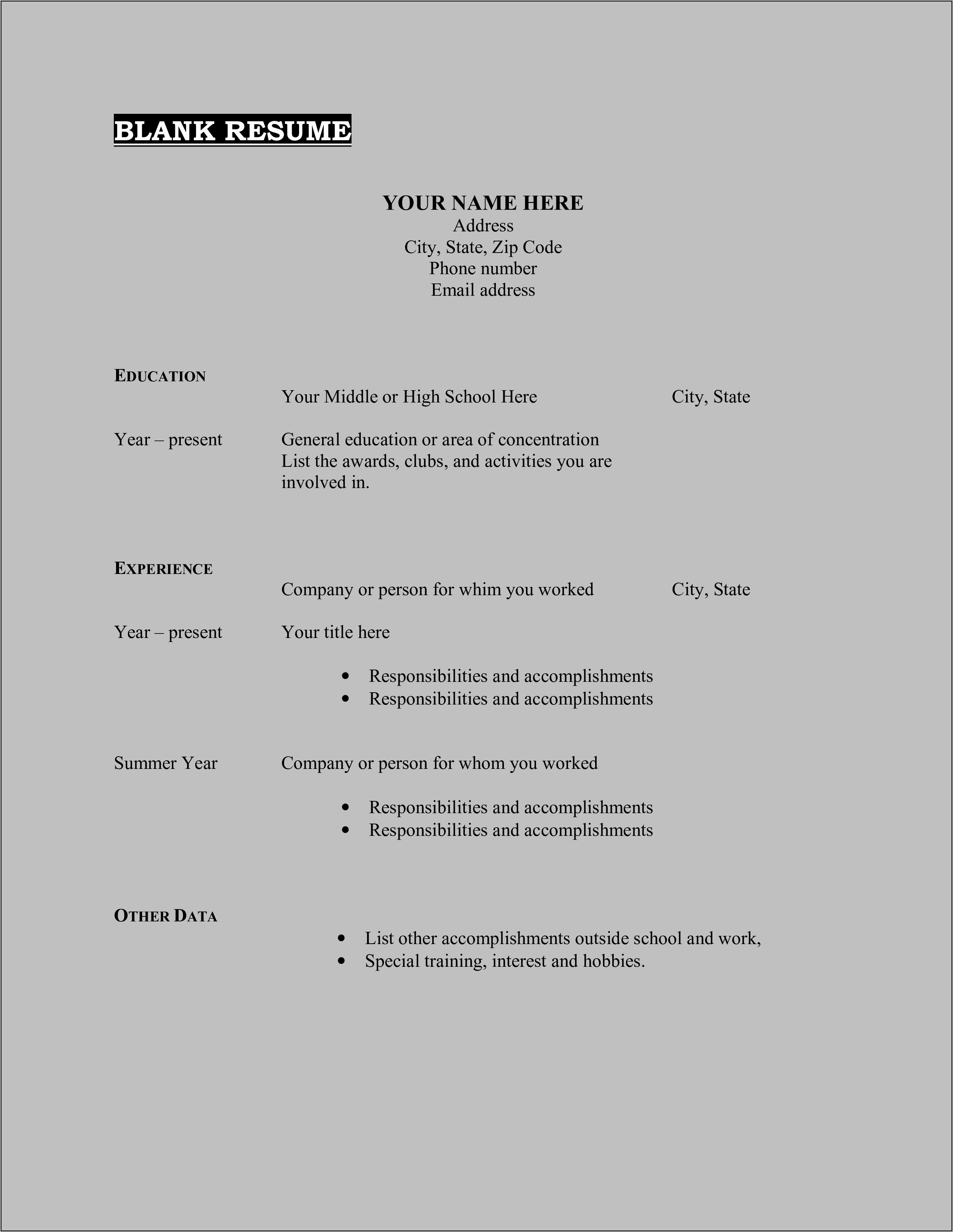 Fill In Blank Downloadable Blank Resume Template