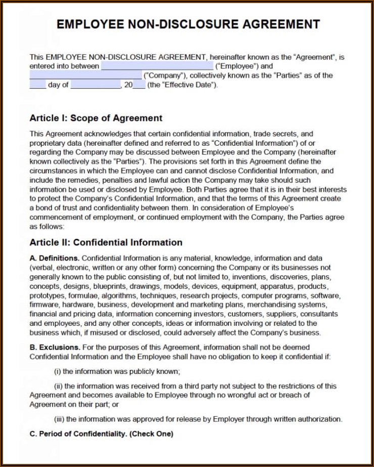 Free Employee Non Disclosure Agreement Template