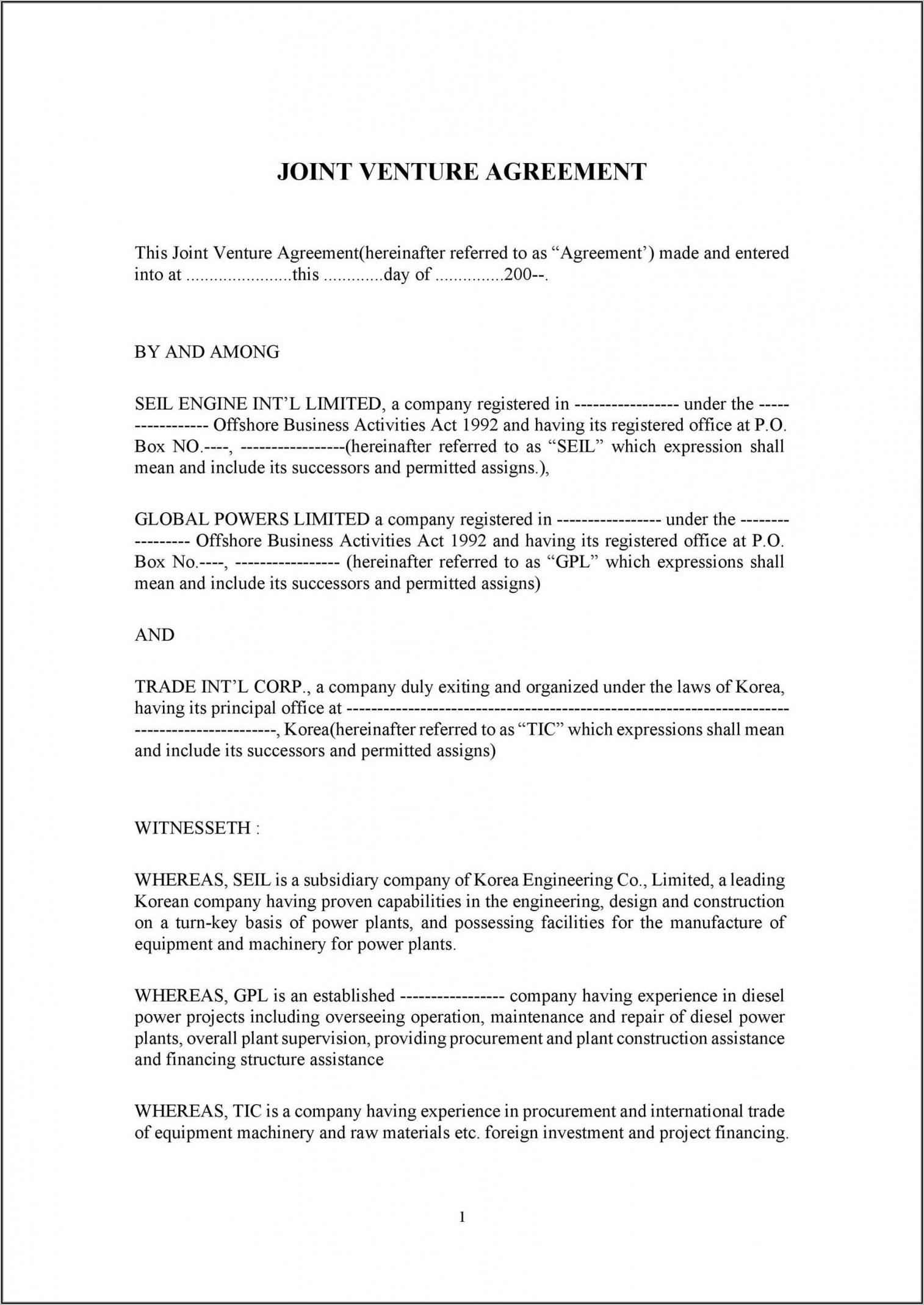 Free Joint Venture Agreement Template