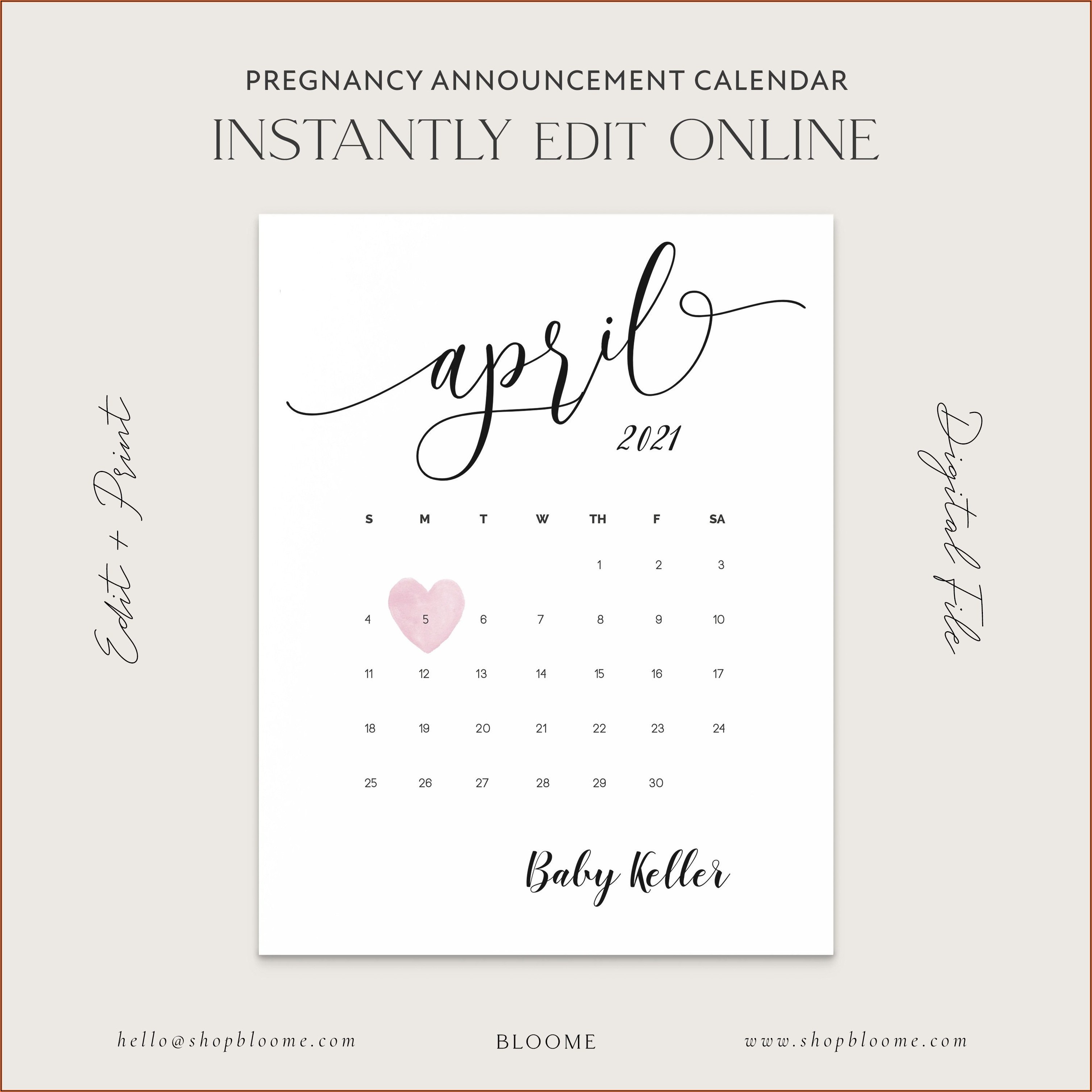 Free Printable Pregnancy Announcement Calendar April 2021