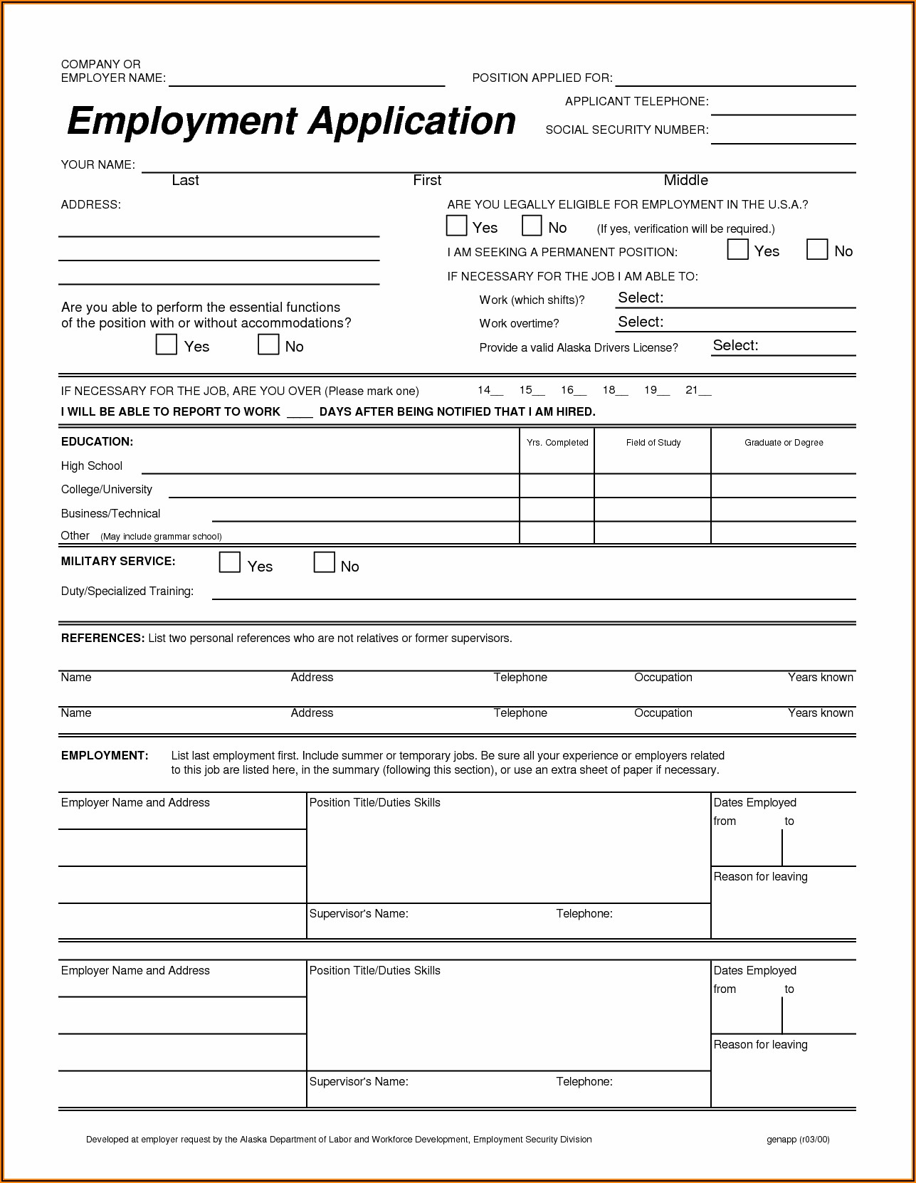 Job Application Form Template Free