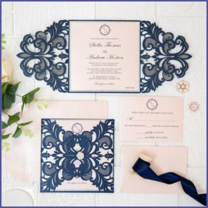 Navy And Blush Laser Cut Wedding Invitations