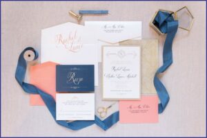Navy Coral And Gold Wedding Invitations