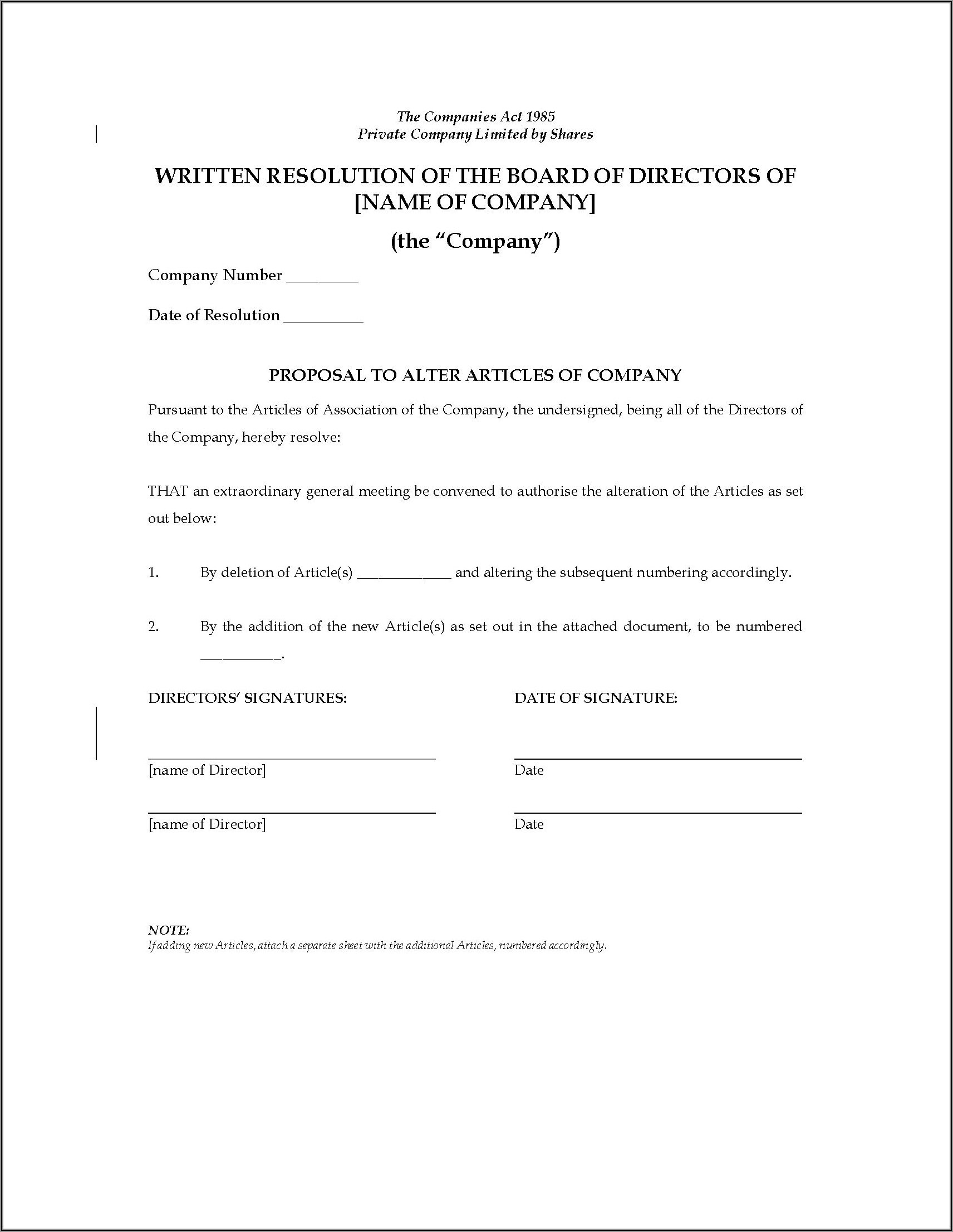 Shareholder Resolution Template Uk