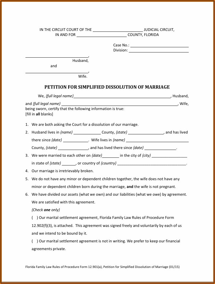 Simplified Dissolution Of Marriage In Florida Forms