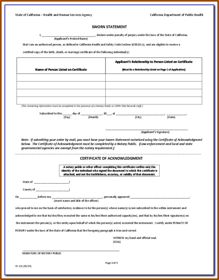 State Of California Birth Certificate Request Form