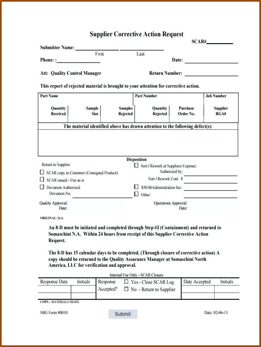 Supplier Corrective Action Request Form Template