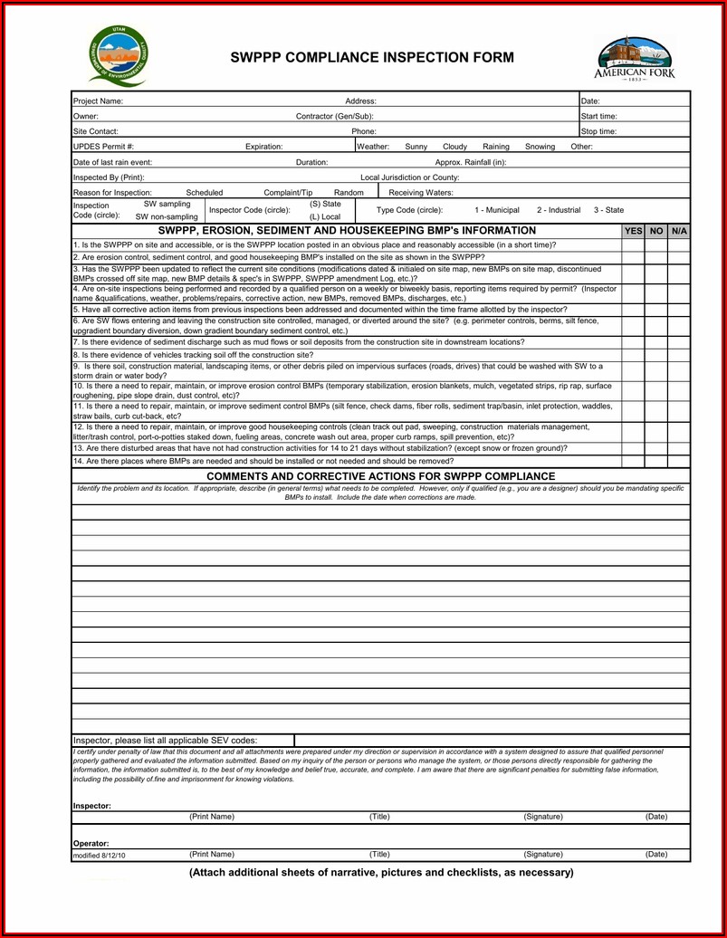 Swppp Weekly Inspection Form