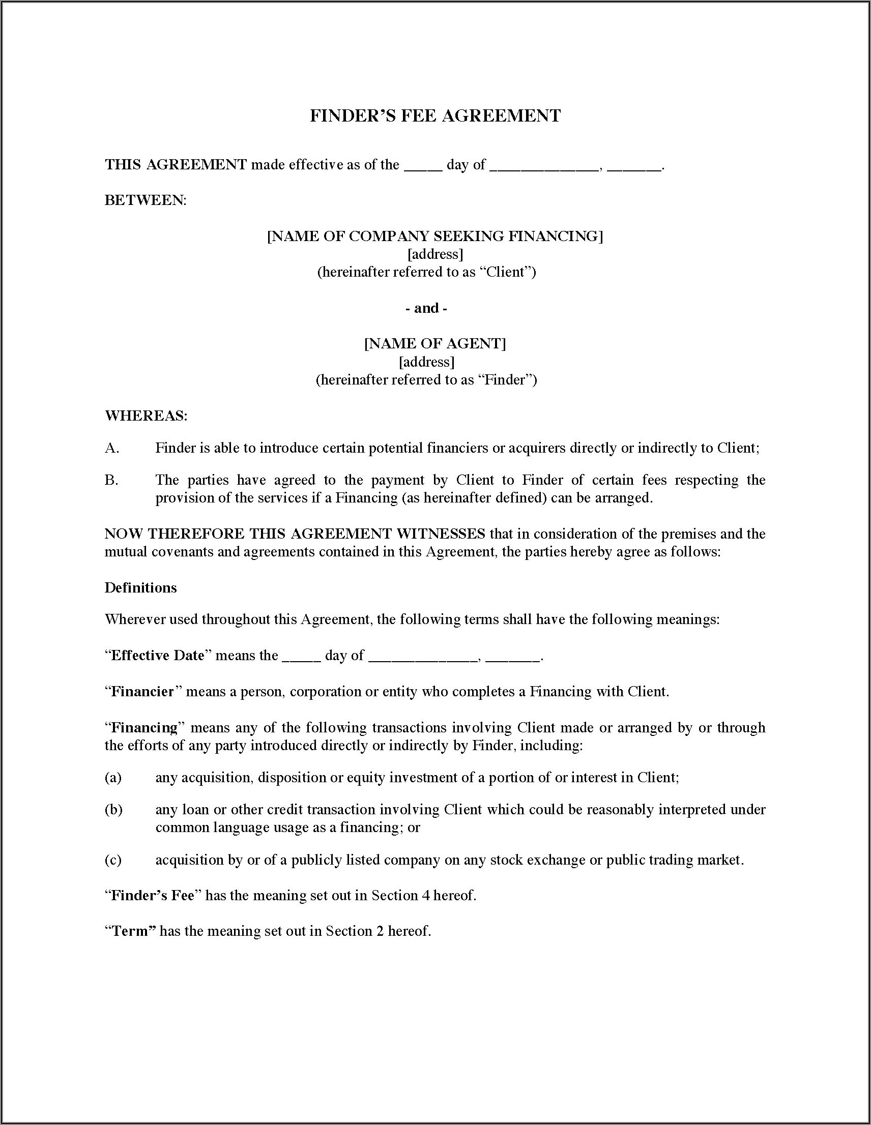 Venture Capital Finder's Fee Agreement Template