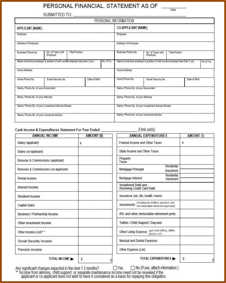 Blank Printable Pdf Personal Financial Statement Template