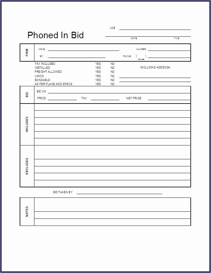 Contractor Bid Sheet Template Excel
