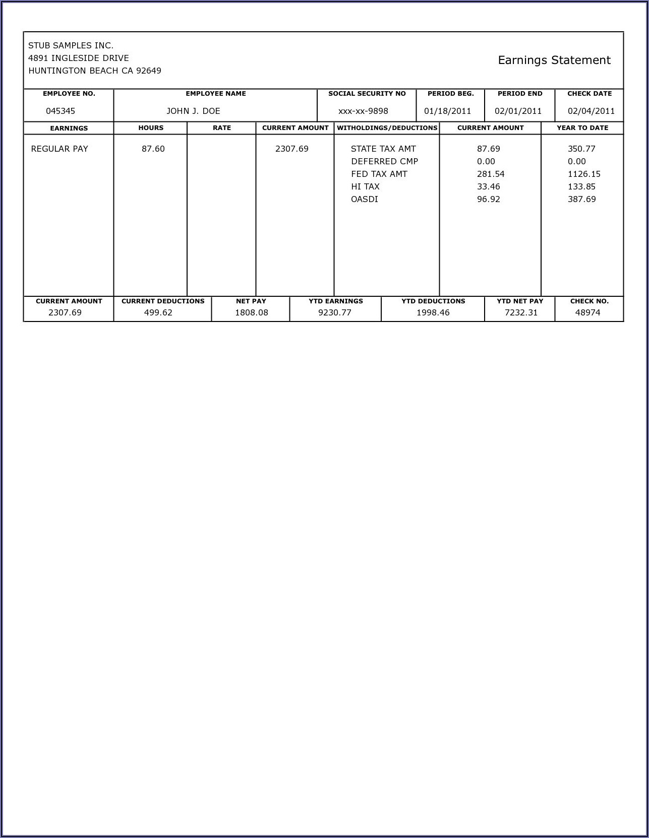 Household Employee Pay Stub Template