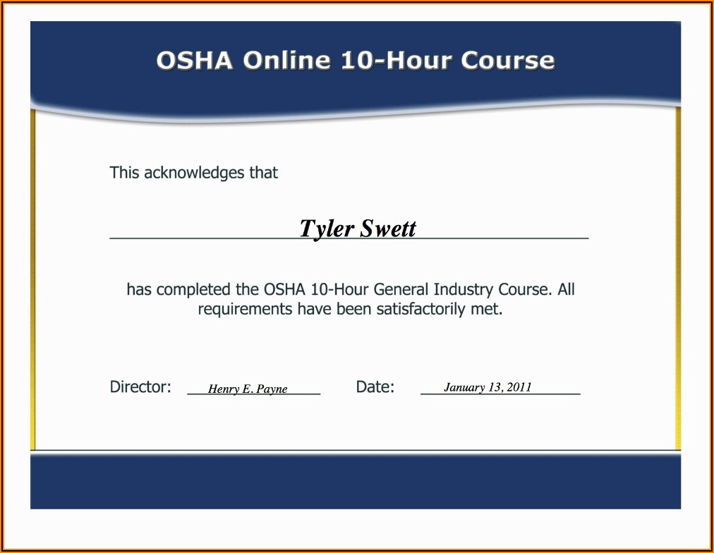 Osha 10 Hour Certificate Template