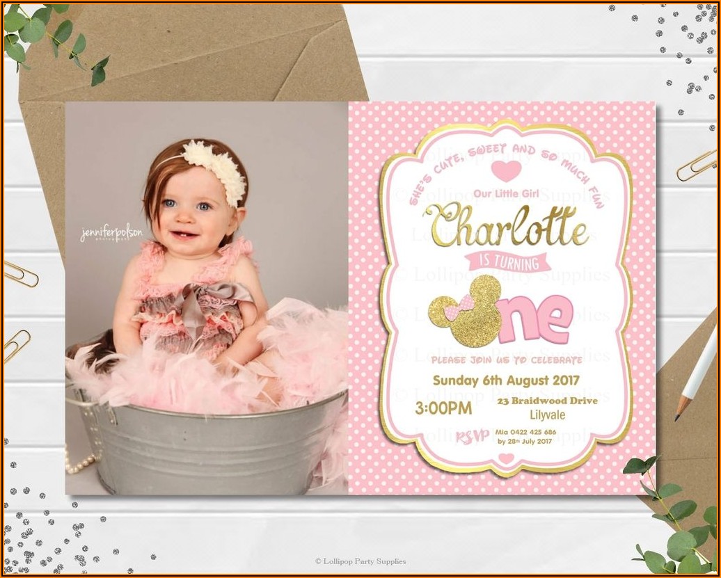 Pink Minnie Mouse First Birthday Invitation