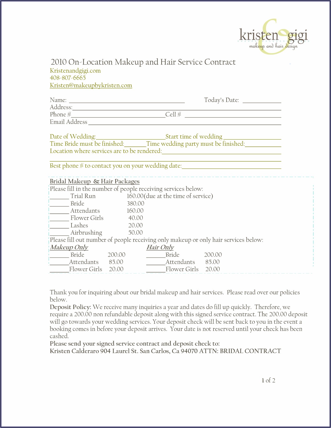 Printable Bridal Hair Contract Template