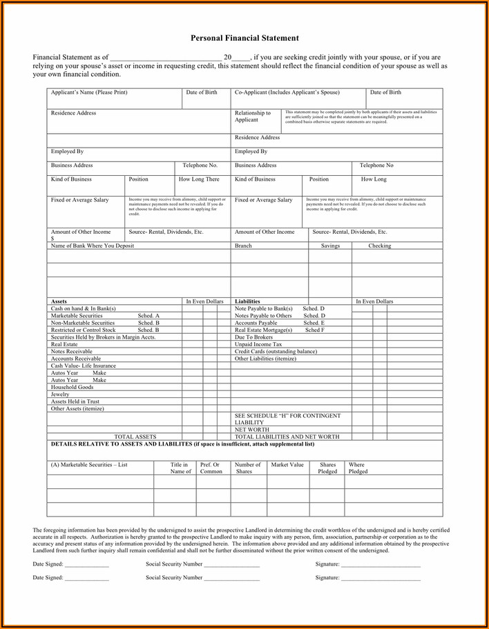 Printable Pdf Personal Financial Statement Template