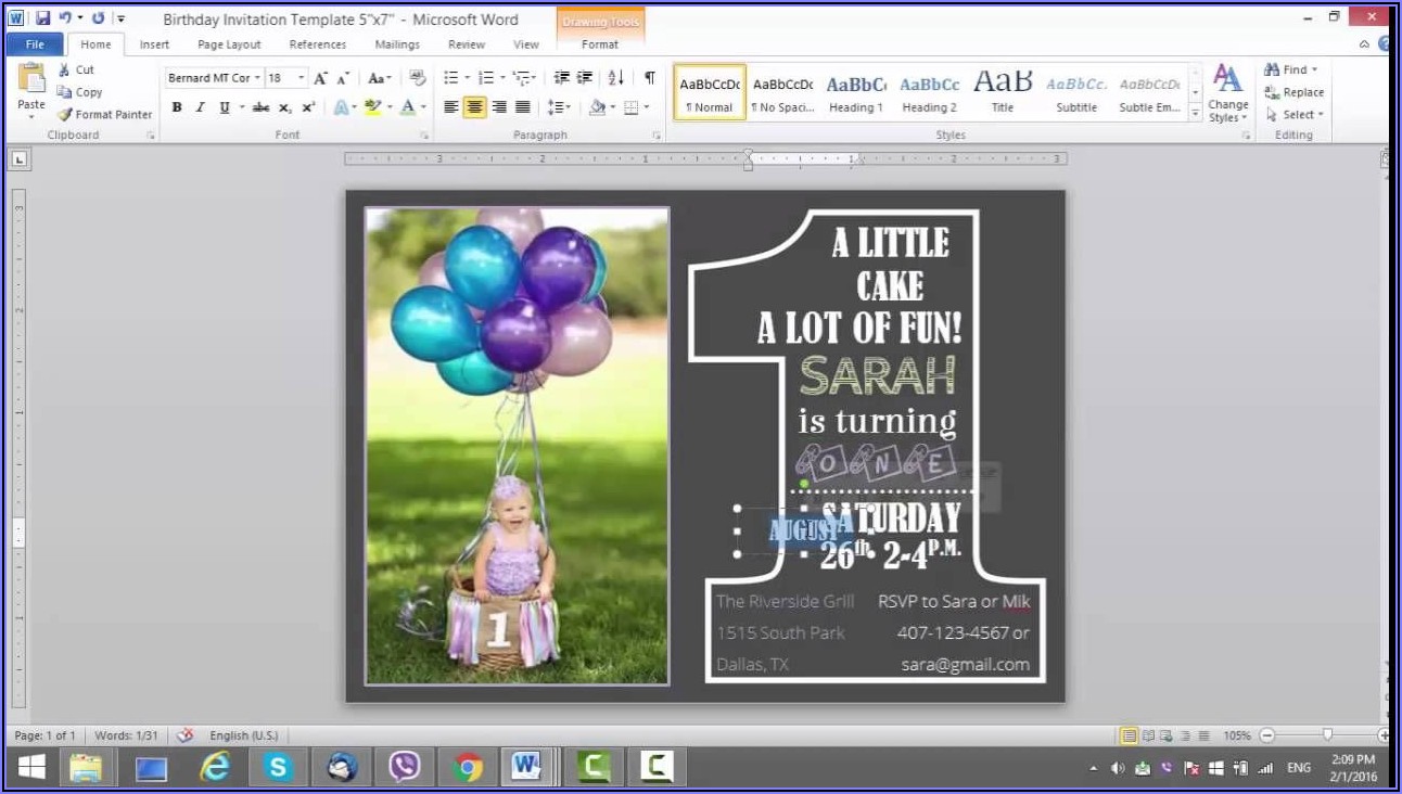 1st Birthday Invitation Template For Ms Word