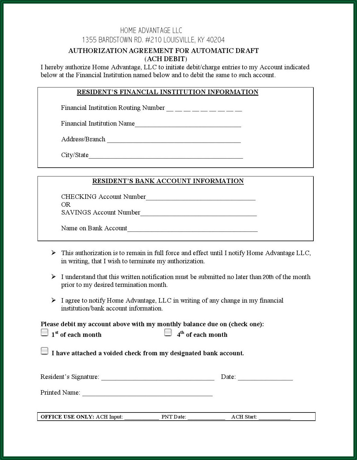 Ach Draft Authorization Form