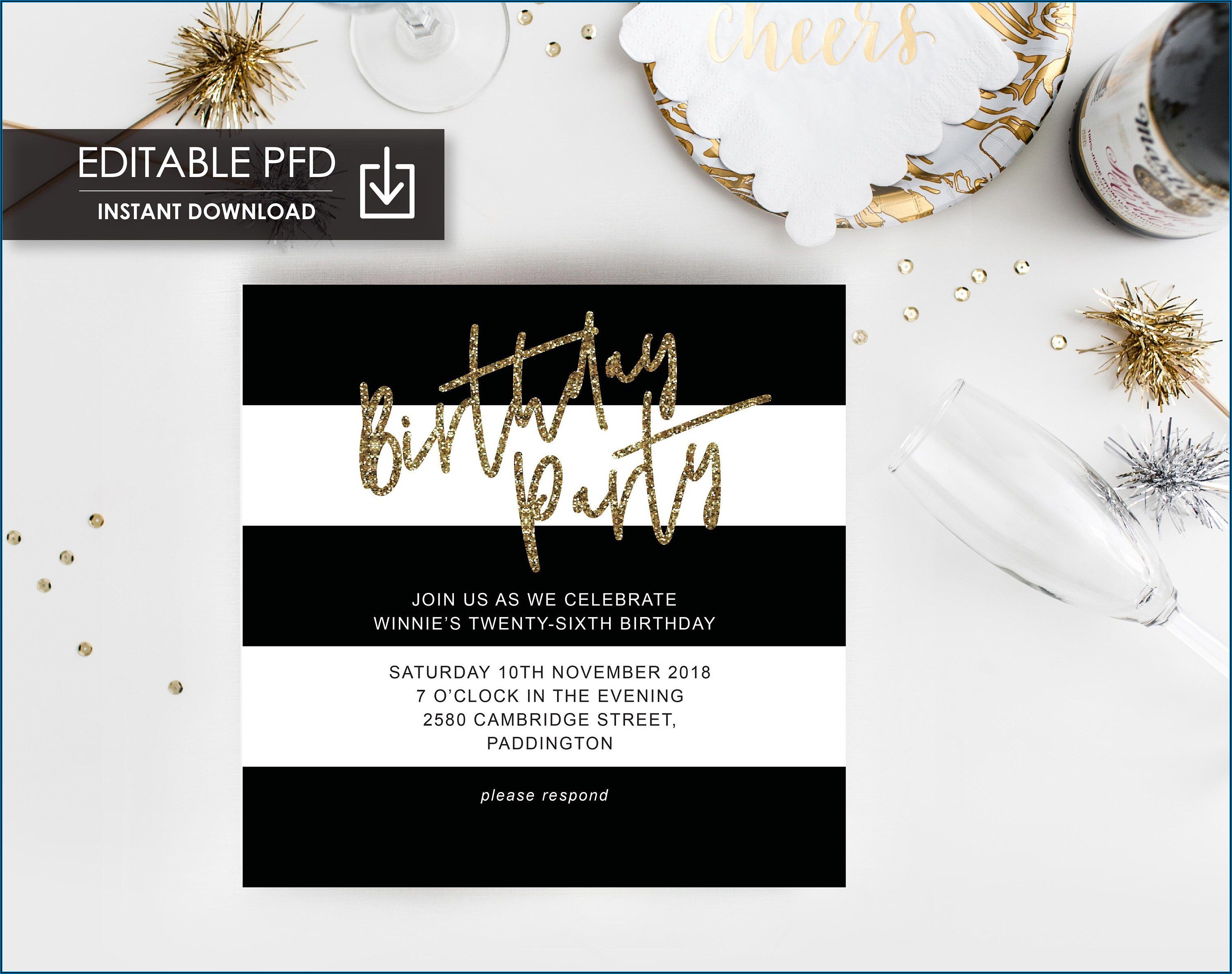 Black And Gold Birthday Invitations Editable