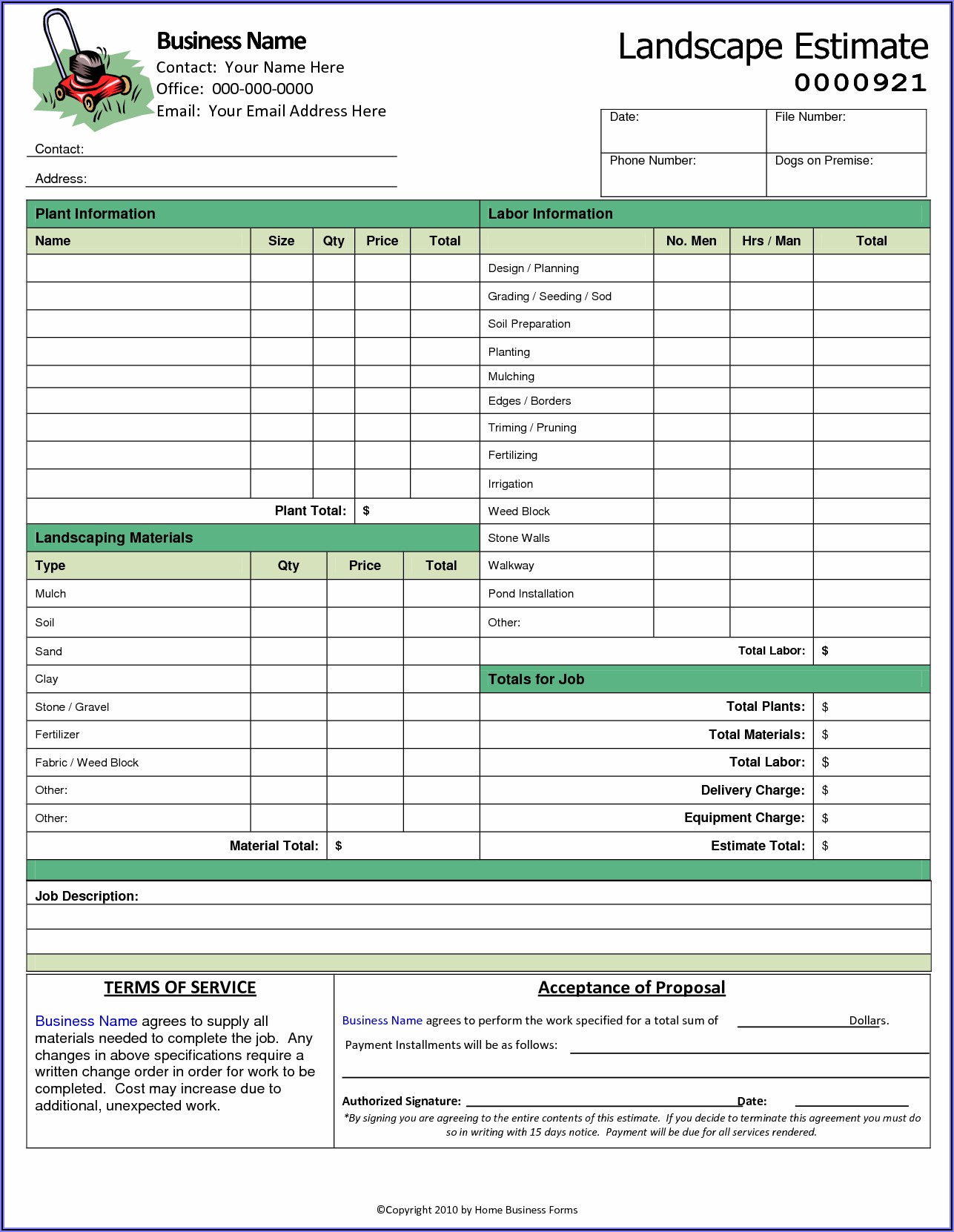 Commercial Lawn Care Bid Form