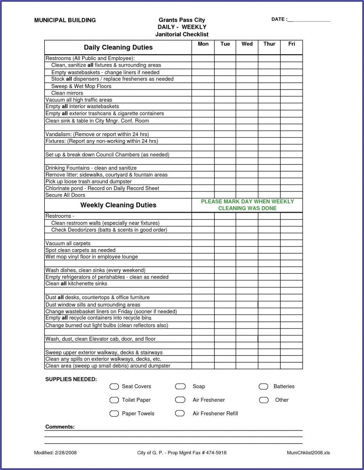 Dental Office Cleaning Schedule Template