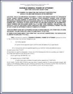 Durable General Power Of Attorney New York Statutory Short Form