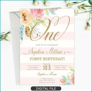 Floral First Birthday Invitations