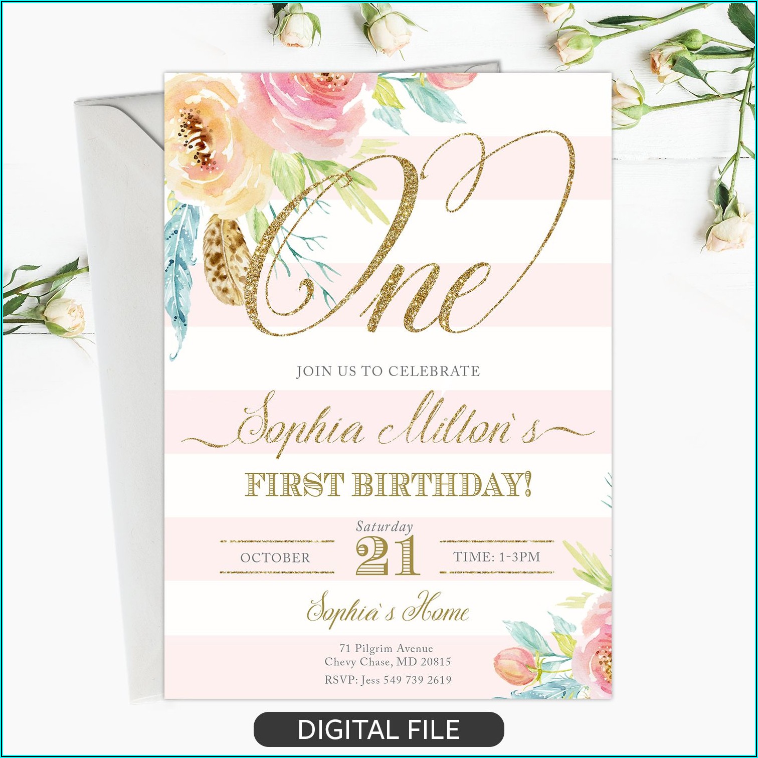 Floral First Birthday Invitations