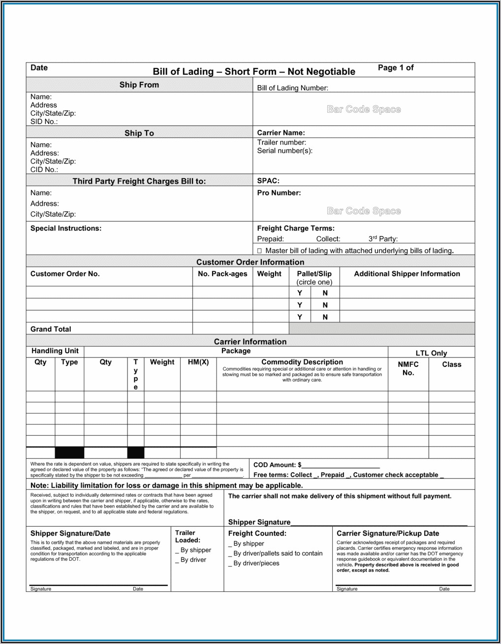 Free Short Form Bill Of Lading Template