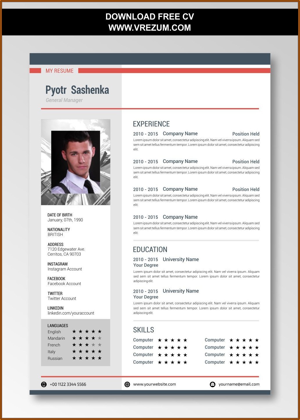 General Manager Cv Template Free Download