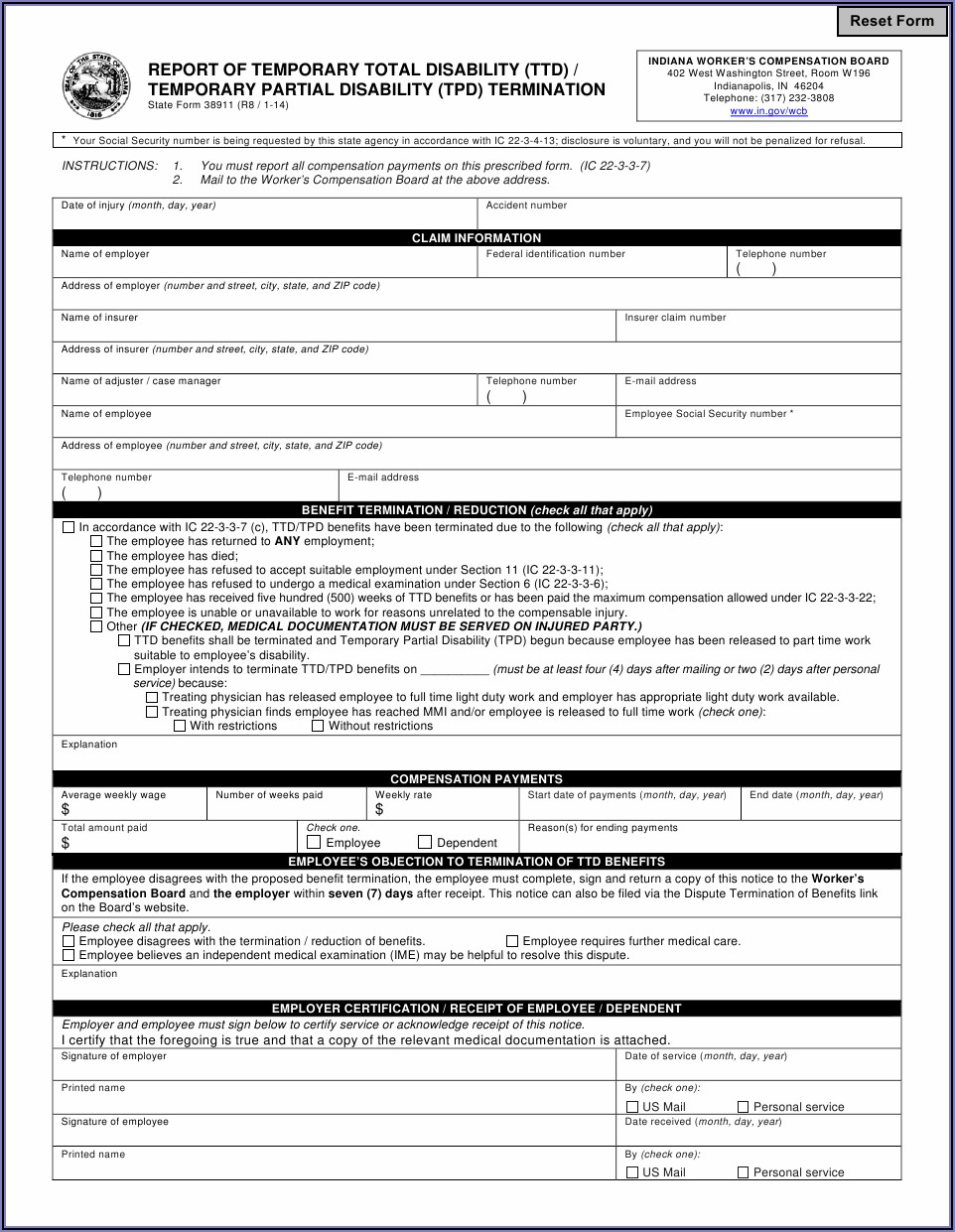 Indiana Workers Compensation Form 38911