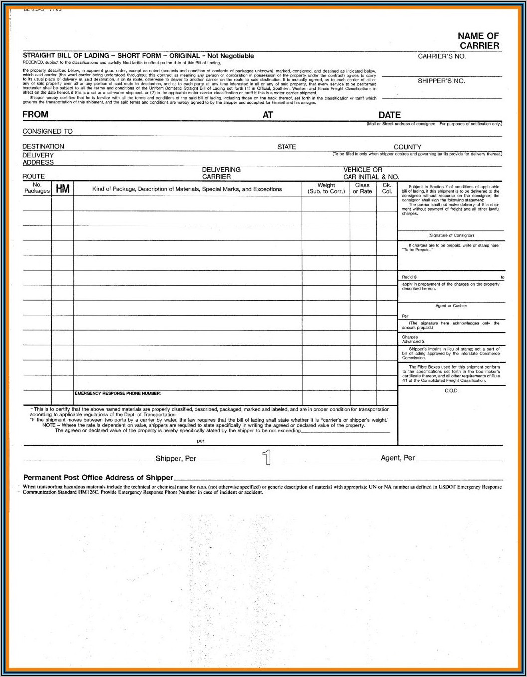 Movers Bill Of Lading Form