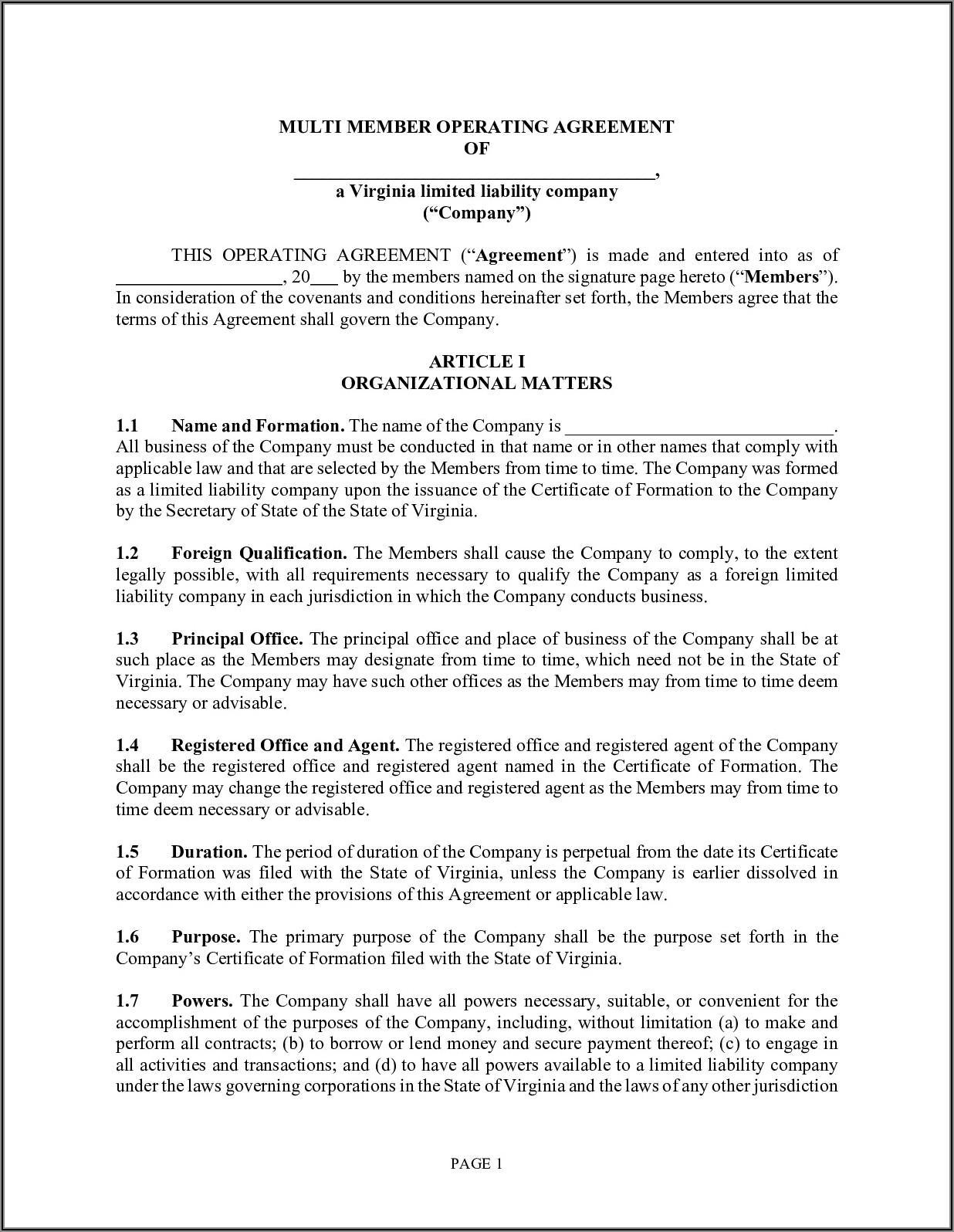 Multi Member Llc Operating Agreement Virginia Template