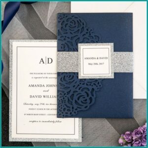 Navy Blue Laser Cut Pocket Wedding Invitations