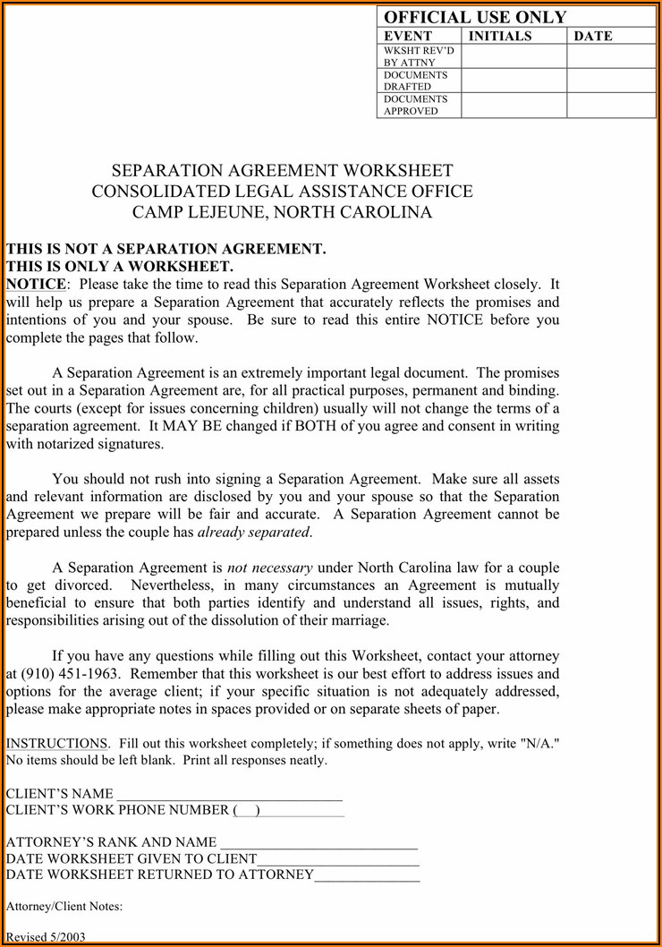 North Carolina Separation Agreement Template