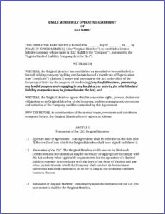 Operating Agreement For Single Member Llc Virginia Template