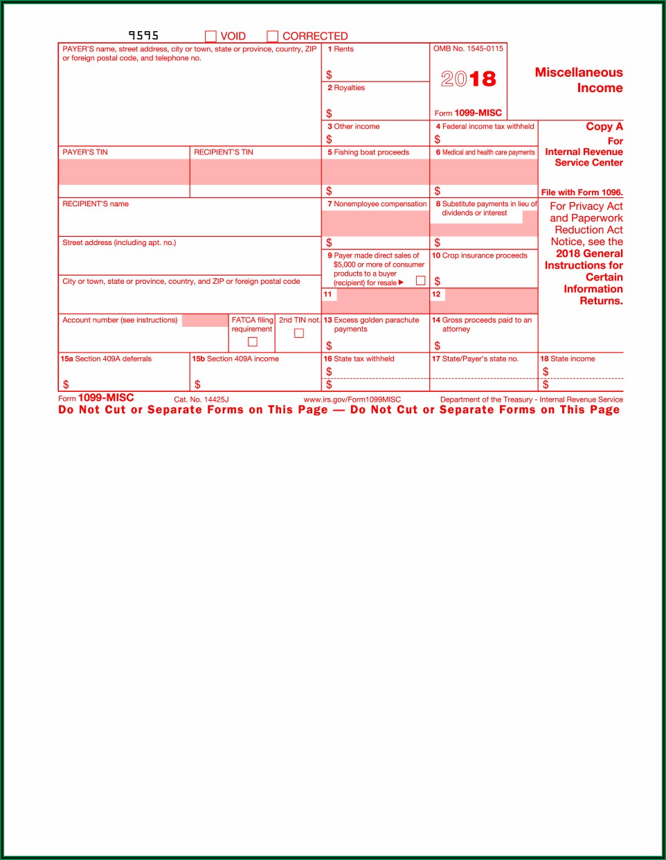 Printable Irs Form 1099 Misc 2019