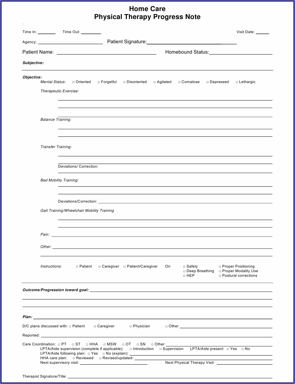 Progress Note Template Physical Therapy