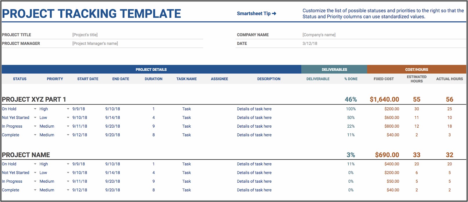 Project Management Spreadsheet Template Google Sheets