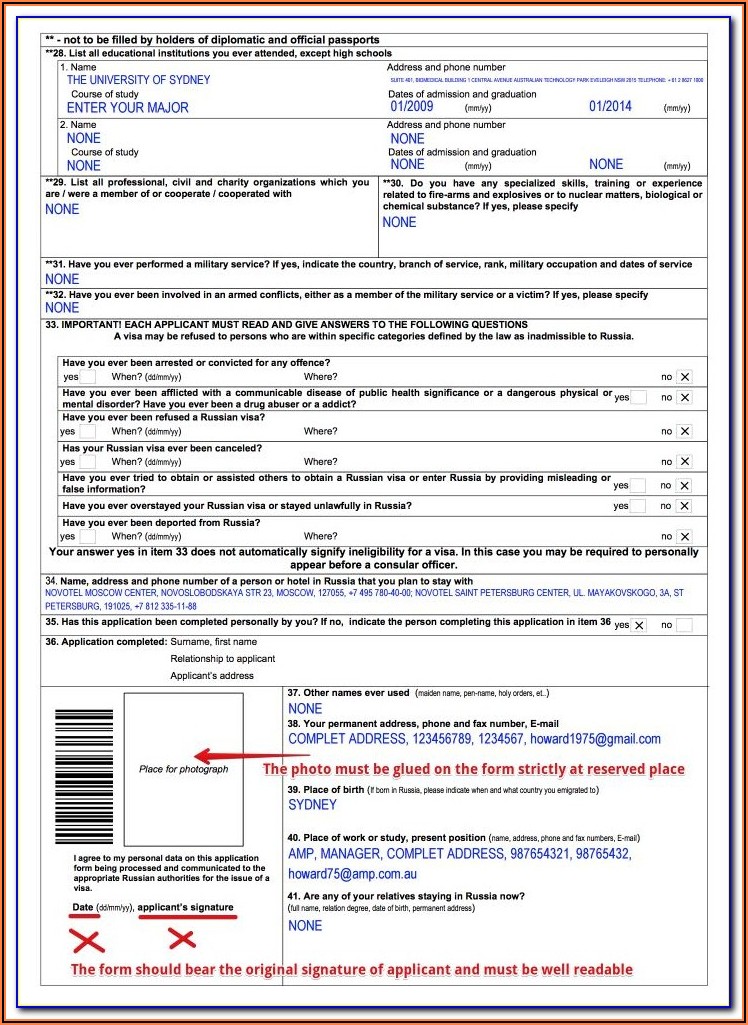 Russian Tourist Visa Application Form