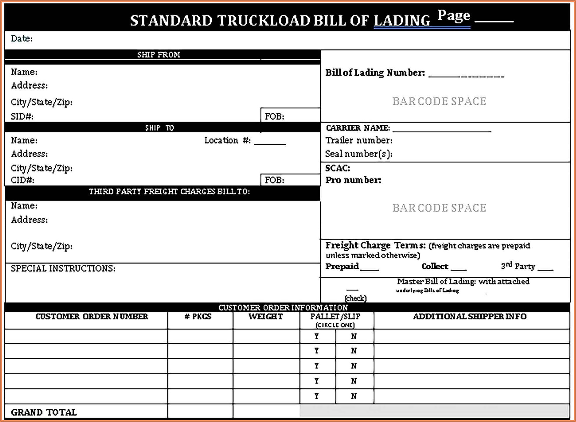 Sample Bill Of Lading Template