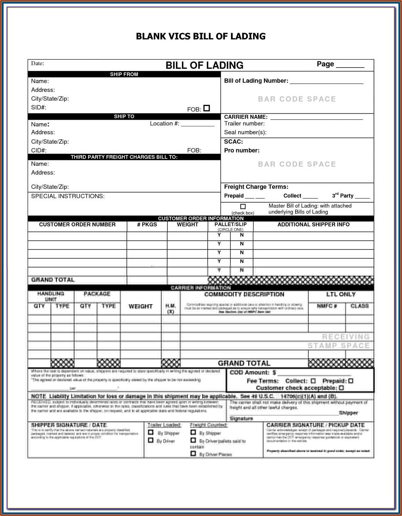 Samples Of Bill Of Lading Forms