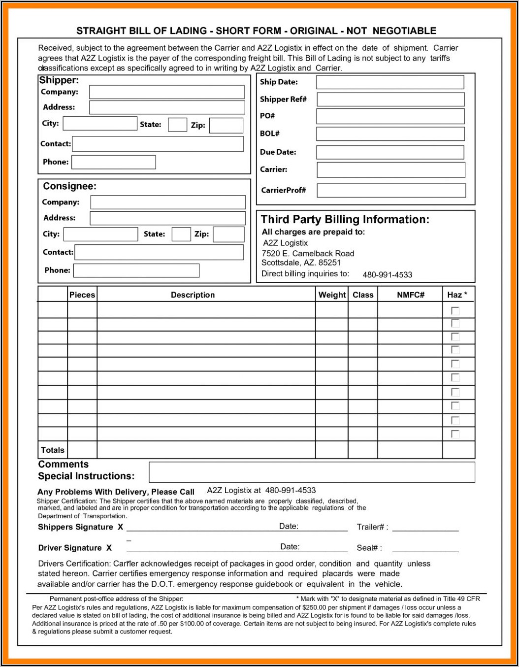 Short Form Bill Of Lading Sample