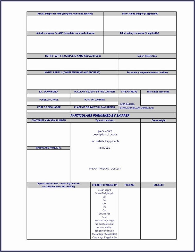 Straight Form Bill Of Lading Template